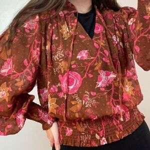 3/$10 Joie Floral Long Sleeve Blouse in Brown and Pink